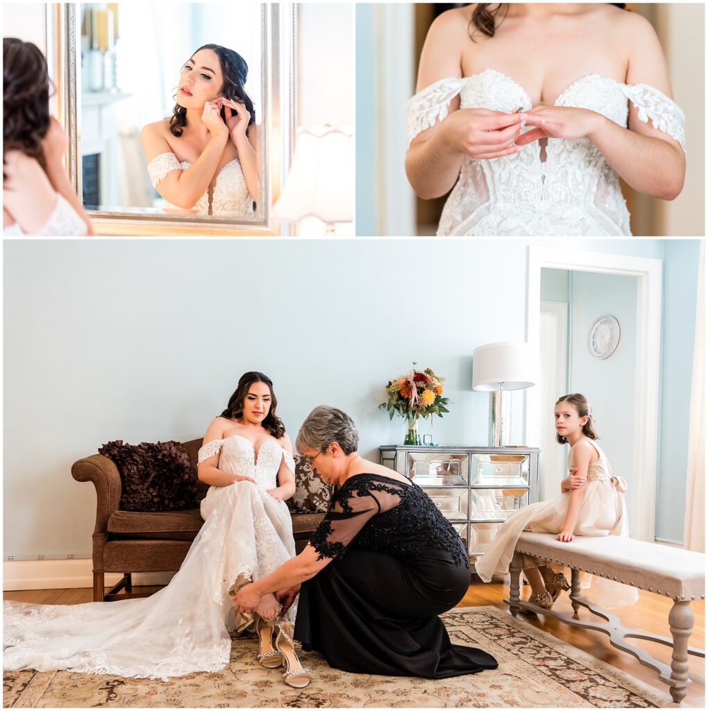 Bride puts finishing touches on her wedding outfit