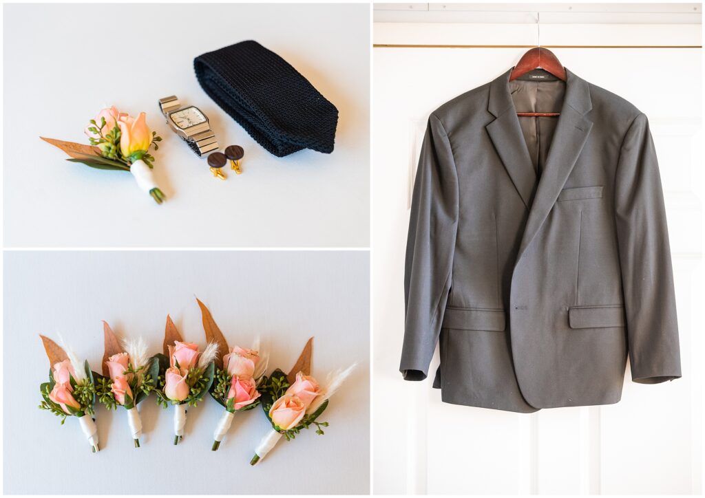 Gray groom details and pink boutonnières 