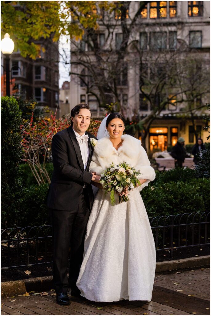 Winter wedding day portraits of the Bride and Groom in Rittenhouse Square