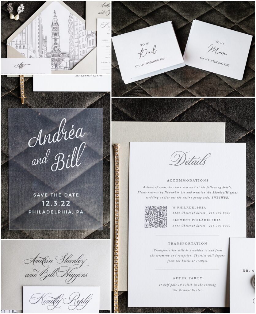 acrylic save the date, custom wedding invitations, and notes to parents