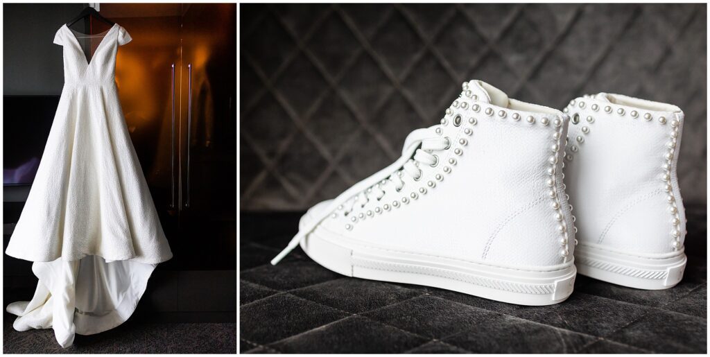 white wedding dress and white high-top sneakers with pearl details