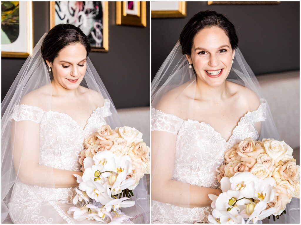 portrait of the bride with her neutral wedding bouquet before her wedding at The Lucy
