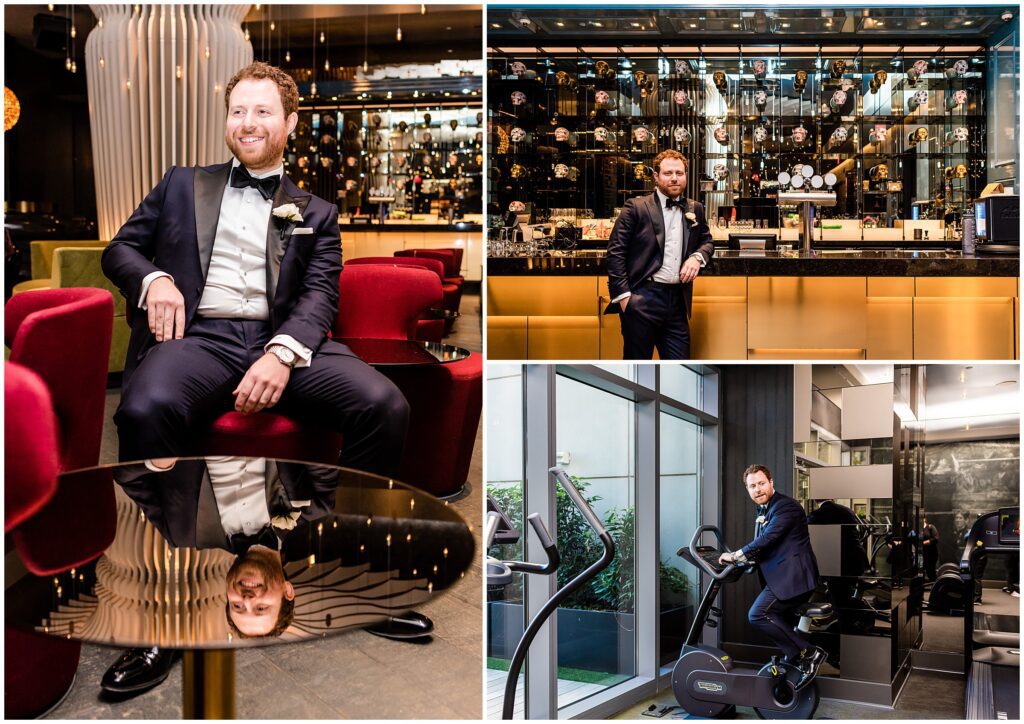 portraits of the groom before his fall wedding -- including a little cardio in his tuxedo