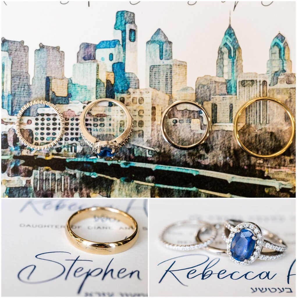 wedding bands rest on a wedding invitation