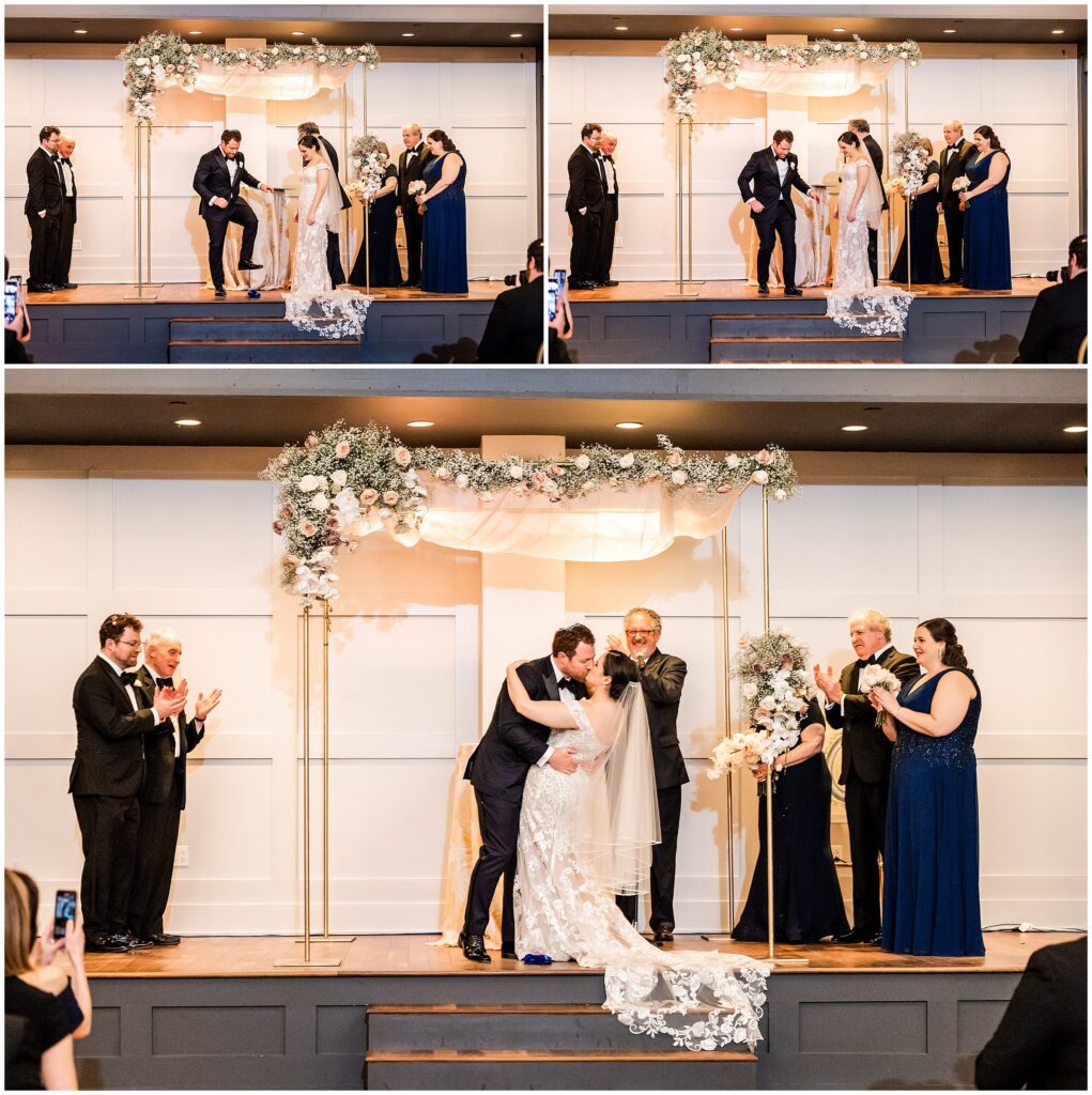 breaking of the glass and dip and first kiss at fall Jewish wedding ceremony