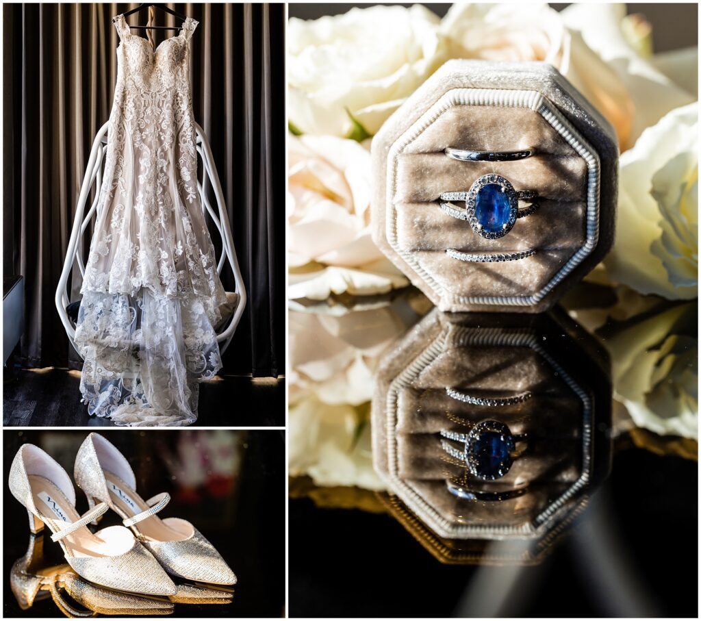 lace wedding dress, metallic wedding shoes, and wedding rings in a velvet box
