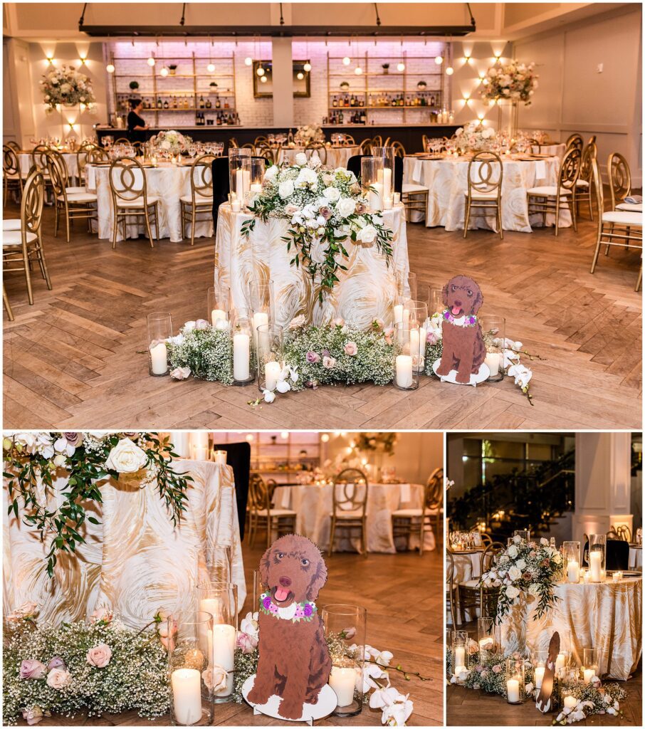dog detail and sweetheart table with neutral florals by Beautiful Blooms and Ashley Gerrity Photography