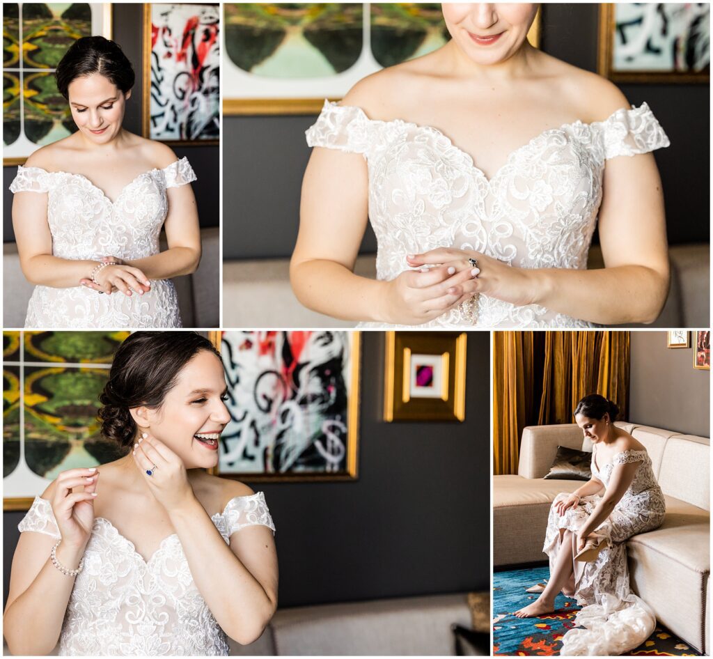 Bride adds her jewelry and adjusts her shoes before wedding