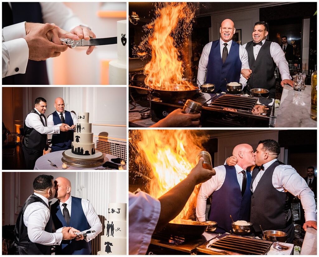 Two grooms cut wedding cake with Philadelphia skyline detail and watch Cescaphe's signature flambé station | Ashley Gerrity Photography