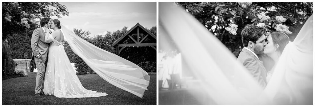 Black and white wedding portrait collage with brides long veil flowing in the wind in Normandy Farm courtyard | Ashley Gerrity Photography