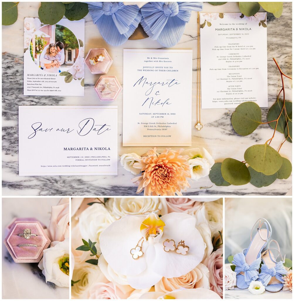 Colorful bridal detail collage of simple wedding invitation suite and save the date with engagement photo of bride and groom, brides wedding band and engagement ring in pink ring box, white and gold bridal jewelry on white orchid leaves, blue bowtie bridal heels with pastel loose florals | Ashley Gerrity Photography