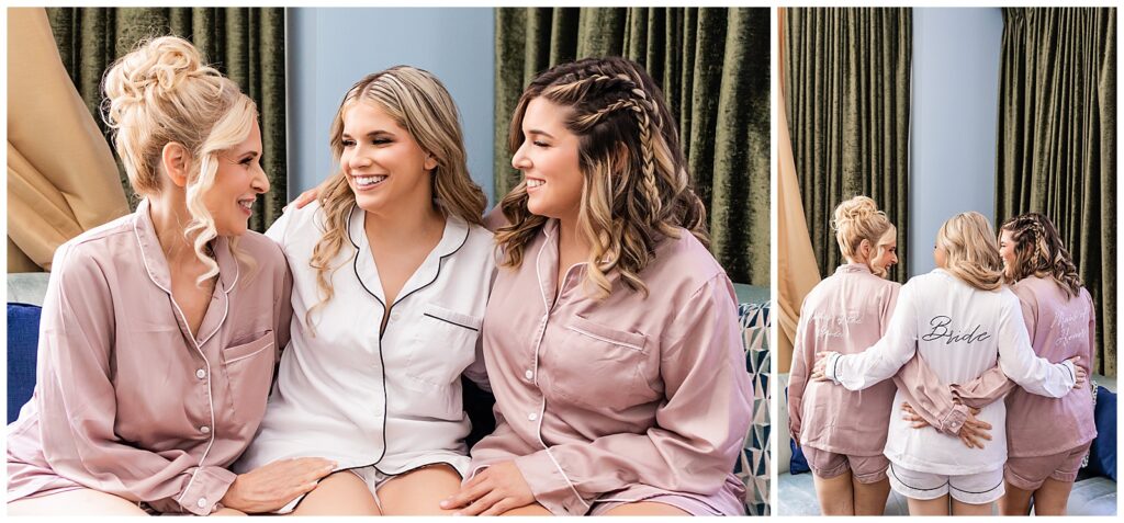 Bride sits with her mom and sister, mother of the bride and maid of honor showing off embroidered pink wedding day pajamas with bride in her white pajamas | Ashley Gerrity Photography