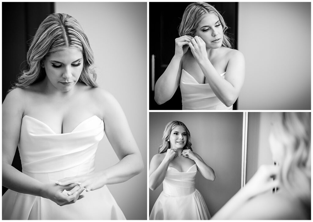 Black and white bridal portrait collage of bride putting on her engagement ring and earrings and bride putting on her necklace while looking in the mirror | Ashley Gerrity Photography