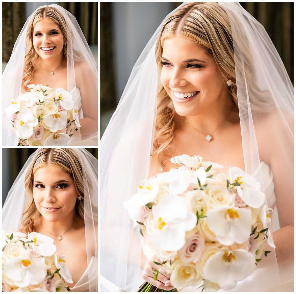 Traditional bridal portrait collage with bride smiling and holding her white floral bouquet with roses and orchids | Ashley Gerrity Photography