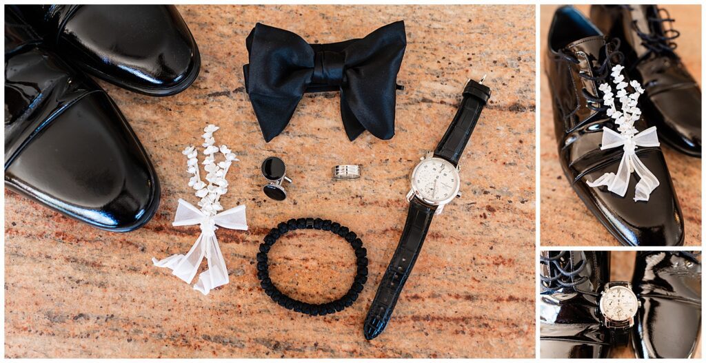 Classic groom wedding detail collage with black dress shoes, black bowtie, black leather watch, bracelet, cufflinks, and simple white floral boutonniere | Ashley Gerrity Photography