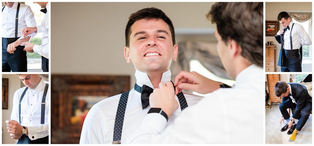 Groomsmen helping groom put on cufflinks and bowtie, groom putting on his watch, tuxedo jacket and shoes at home before his Union Trust wedding | Ashley Gerrity Photography