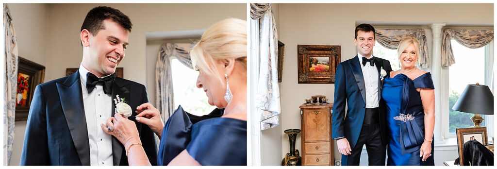 Collage of mother of the bride pinning boutonniere on groom and groom and his mother smiling for a picture | Ashley Gerrity Photography