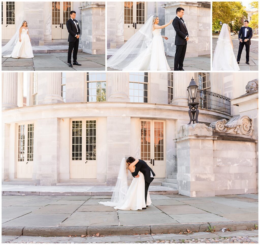 Collage of bride and groom first look in Old City Philadelphia with bride tapping groom on the shoulder, groom turning around to see his bride for the first time, and bride and groom hugging during their first look at the Merchant Exchange Building | Ashley Gerrity Photography