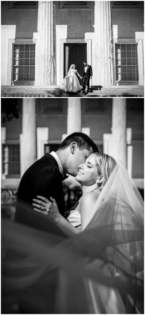 Black and white collage of bride and groom walking down steps of the Second National Bank in Philadelphia, groom whispering in brides ear while her long veil flows in the wind | Ashley Gerrity Photography