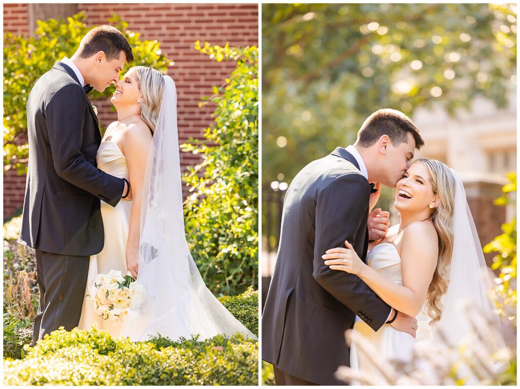 Collage of bride and groom touching noses and groom kissing bride on the cheek while she laughs in the 18th Century Gardens | Ashley Gerrity Photography