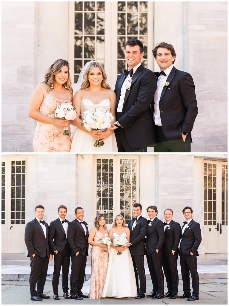 Wedding party collage of bride and groom with their best men and maid of honor, bride and groom with wedding party in front of the Merchant Exchange Building in Old City Philadelphia | Ashley Gerrity Photography