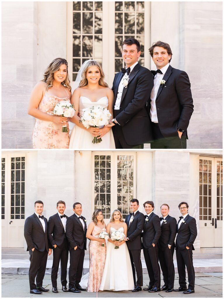 Wedding party collage of bride and groom with their best men and maid of honor, bride and groom with wedding party in front of the Merchant Exchange Building in Old City Philadelphia | Ashley Gerrity Photography