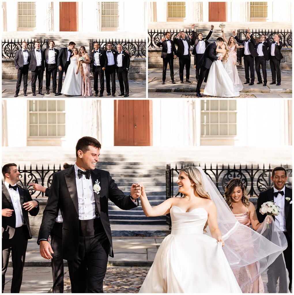 Collage of groom kissing bride on the forehead with wedding party standing behinds them, bride and groom kissing with wedding party cheering behind them, bride and groom holding hands and walking in front of the Second National Bank with their wedding party | Ashley Gerrity Photography