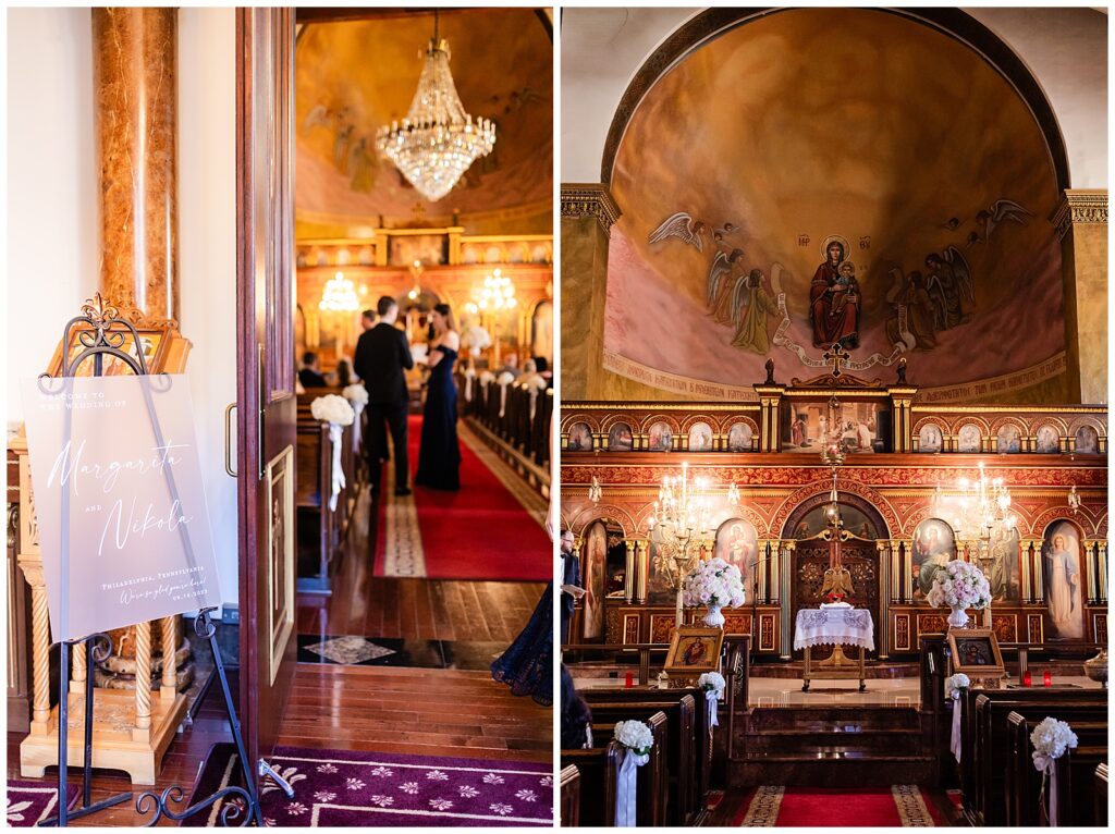 Wedding welcome sign in lobby of St. George Greek Orthodox Church | Ashley Gerrity Photography
