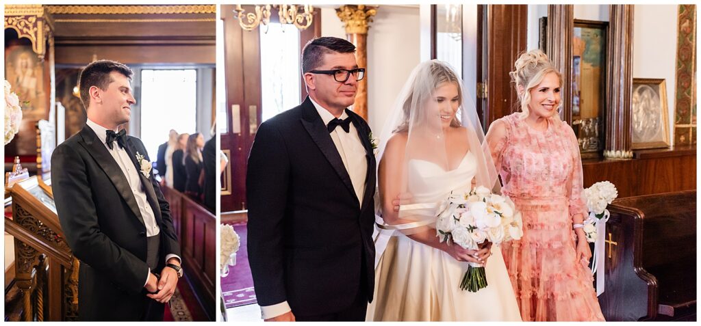 Collage of grooms reaction as bride and her parents walk down the aisle of St. George Greek Orthodox Church in Philadelphia | Ashley Gerrity Photography