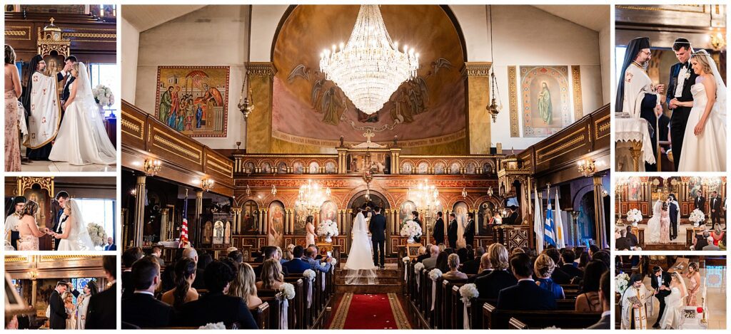 St. George Greek Orthodox Church wedding ceremony collage of blessing of the bride and groom, Koumbara exchanging the crowns over bride and groom, bride and groom doing The Dance of Isaiah | Ashley Gerrity Photography