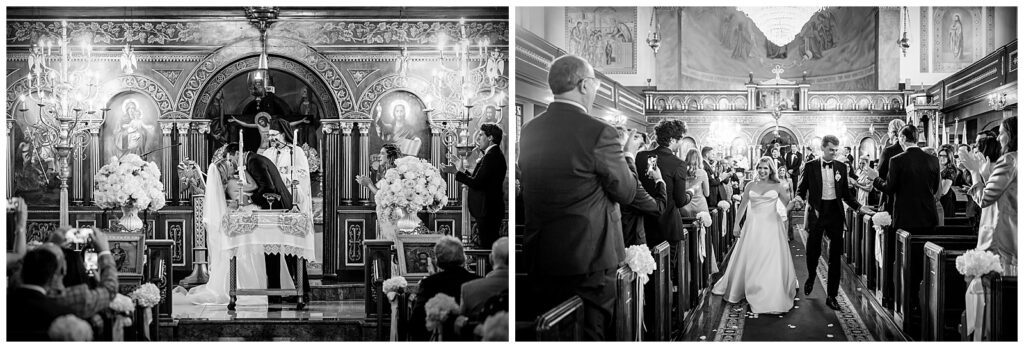 Black and white collage of bride and groom kissing and walking up the aisle after traditional Greek wedding ceremony at St. George Greek Orthodox Church | Ashley Gerrity Photography