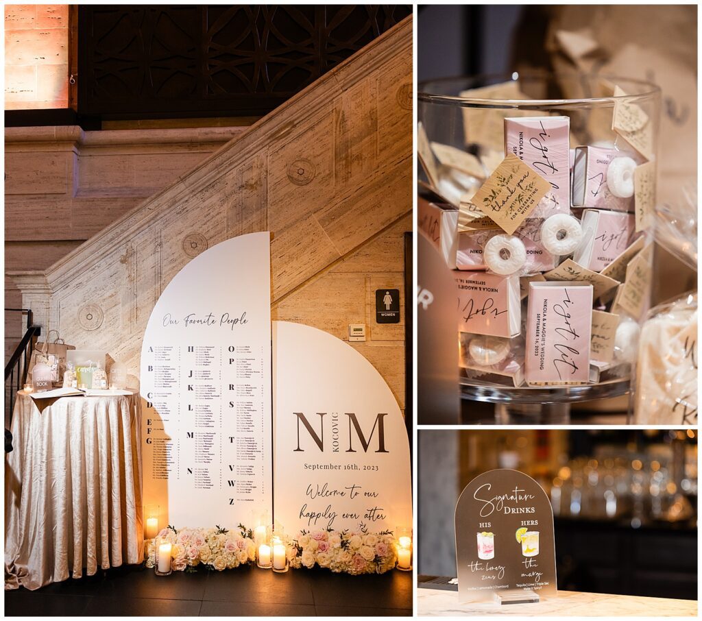 Greek wedding at Union Trust reception detail collage of rounded welcome sign and seating charts, signature drink sign, and personalized wedding matchbox favors | Ashley Gerrity Photography