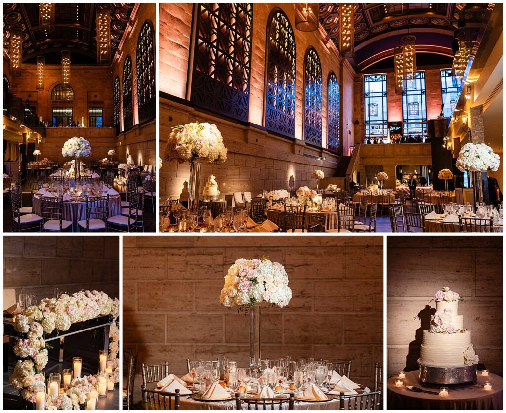 Union Trust wedding reception detail collage with tall white rose centerpieces, tiered wedding cake with white flowers, sweetheart table with extravagant hanging pink and white floral piece surrounded by tiered candles on the floor | Ashley Gerrity Photography