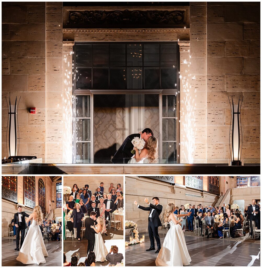 Collage of bride and groom kissing with sparklers going off beside them, bride and groom first dance during their Greek wedding at Union Trust | Ashley Gerrity Photography