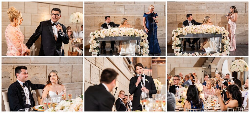 Collage of toasts and speeches from parents of the bride, best man, and maid of honor during Greek wedding reception at Union Trust | Ashley Gerrity Photography