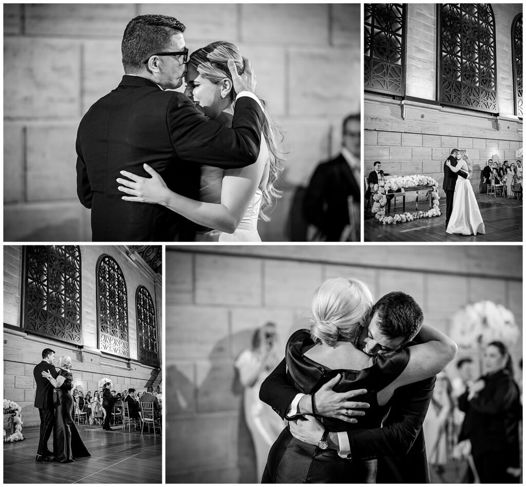Black and white parent dance collage of bride dancing with her father, brides father kissing her forehead while they dance, groom dancing with and hugging his mother during Greek wedding at Union Trust | Ashley Gerrity Photography