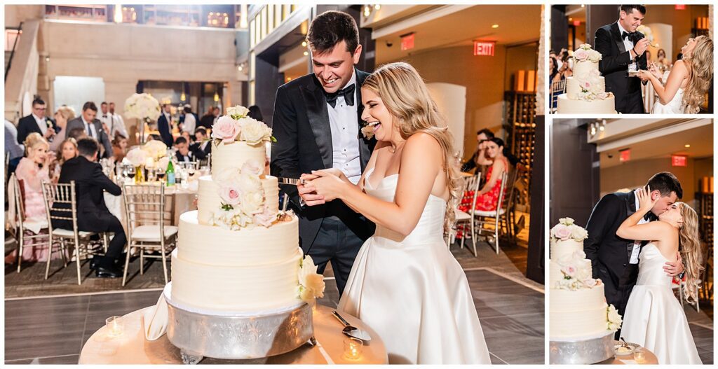 Collage of bride and groom cutting their floral wedding cake, groom feeding bride a piece of wedding cake, and bride and groom kissing after cutting their cake during their Greek wedding at Union Trust | Ashley Gerrity Photography