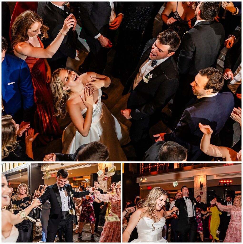 Greek wedding reception at Union Trust wedding money dance with bride and groom laughing as money falls around them | Ashley Gerrity Photography