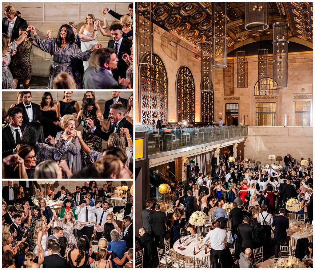 Collage of guests participating in Greek dancing during Union Trust Greek wedding reception | Ashley Gerrity Photography