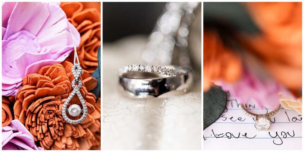 Close up bridal detail collage with necklace on orange and pink wood flower bouquet, bride and groom wedding bands, and brides engagement ring on top of handwritten letter to bride from groom | Ashley Gerrity Photography