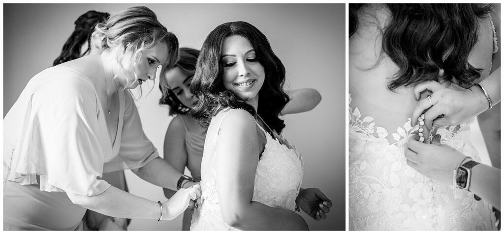 Black and white collage of bridesmaids buttoning brides lace wedding Dress | Ashley Gerrity Photography