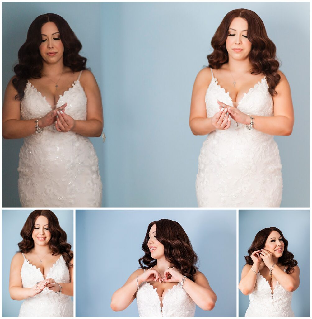 Collage of bride putting on her earrings, necklace, and engagement ring with reflection of bride in mirror | Ashley Gerrity Photography