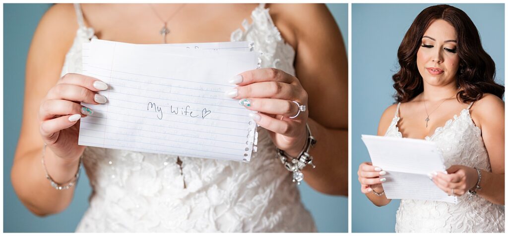 Bride reading handwritten letter from groom addressed "My Wife" before their Philadelphia Ballroom wedding | Ashley Gerrity Photography