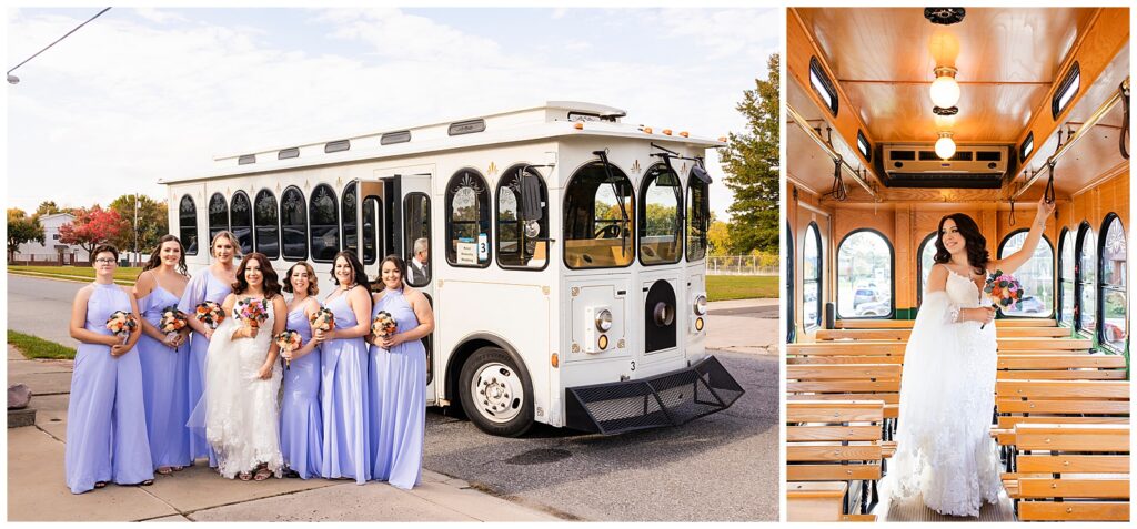 Bridesmaids standing in front of trolley, bride standing alone on wedding trolley | Ashley Gerrity Photography