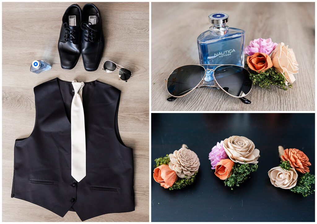 Groom detail collage with black vest and dress shoes, sunglasses, cologne, and wooden flower boutonnieres | Ashley Gerrity Photography