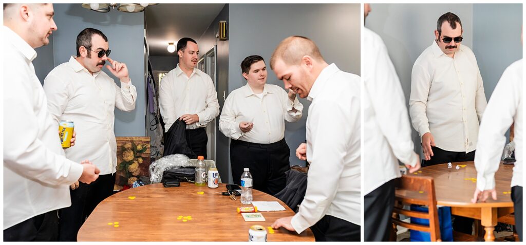 Collage of groomsmen playing dice game while getting ready for Philadelphia Ballroom wedding | Ashley Gerrity Photography