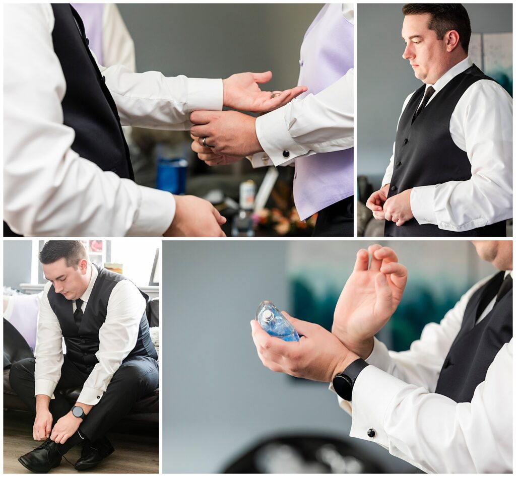 Collage of groom getting dressed, buttoning vest, tying shoes, and putting on his cologne | Ashley Gerrity Photography