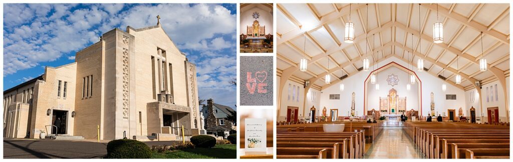 Exterior of St. Cecilia church with cloudy blue sky, interior of St. Cecilia church wedding, church wedding ceremony pamphlet, LOVE graffiti in church parking lot | Ashley Gerrity Photography