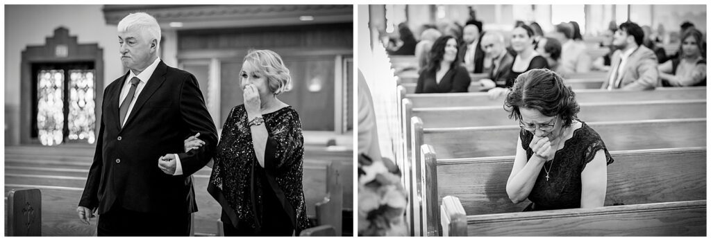 Black and white collage of mother of the bride and mother of the groom crying during church wedding ceremony at St. Cecilia | Ashley Gerrity Photography