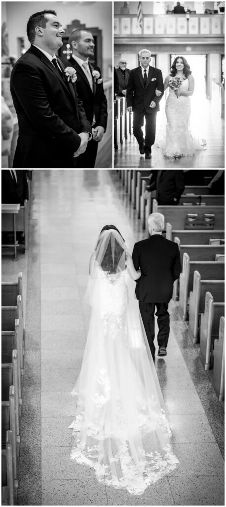 Black and white collage of groom smiling as bride and her father walk down the aisle during St. Cecilia wedding ceremony | Ashley Gerrity Photography